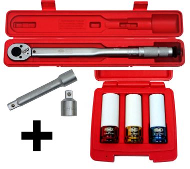 Drehmomentschlüssel mit Schoneinsätzen, Adapter und Verlängerung.